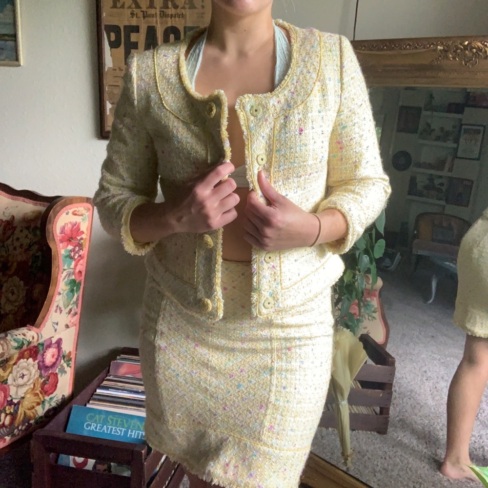Preppy Tweed Yellow Skirt Suit Set